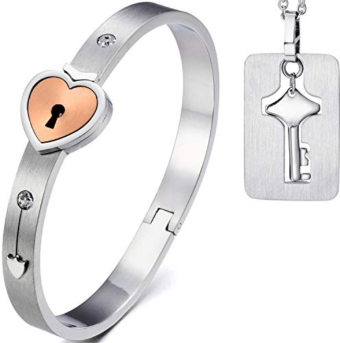 Cupimatch smycken set par pussel berlock halskedja rostfritt stål armband pansararmband zirkon pansarkedja partnerarmband vänskapsarmband dam män armband, silver svart e rostfritt stål, colore: Pink-schlüssel, cod. CM-31-001-DE