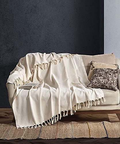 BOHORIA® Premium Tagesdecke Tulum | 100% Baumwolle | Extra-groß 170 x 230 cm | Baumwolldecke als Bett-Überwurf, Couch-Überwurf, Sofa-Decke mit Fischgrätenmuster (Natural Cotton)