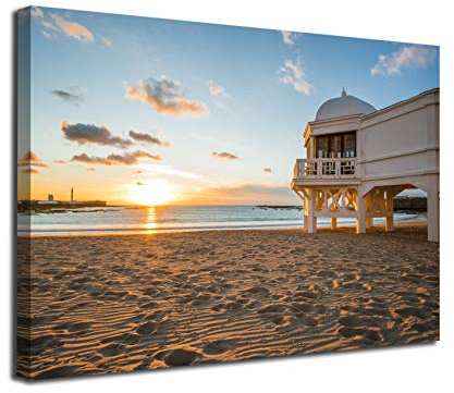 Desconocido Cuadro Lienzo Canvas Playa de la Caleta en Cadiz Andalucia Balneario Puesta de Sol – Varias Medidas - Lienzo de Tela Bastidor de Madera de 3 cm - Impresion en Alta resolucion (120, 80)