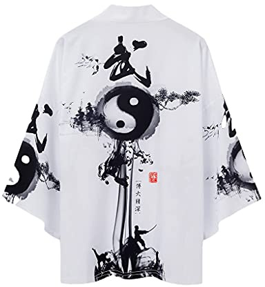 shownicer Kimono Japonés Unisex para Hombre Cardiqan Albornoz Bata Mangas Tres Cuartos con Yin Yang Suelto Y Estampado De Dragón Blusa De Verano Suelta Unisex Yukata Top