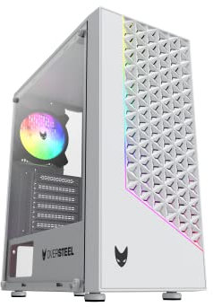 Oversteel - Iridium Gaming PC Gehäuse Kompatibel mit ATX, Micro ATX und ITX Boards, 120mm A-RGB Lüfter, Mesh Front, 2 Staubfilter, gehärtetes Seitenglas, USB 3.0, Weiß
