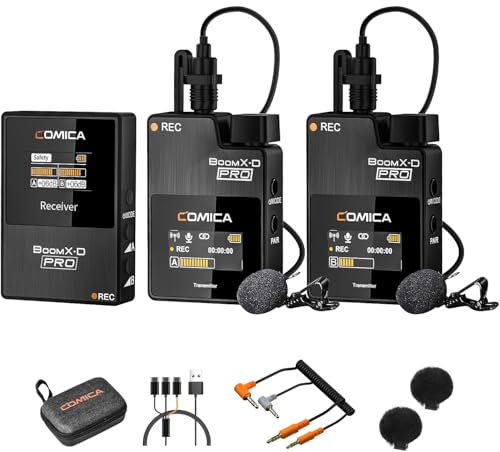 COMICA BOOMX-D2 PRO Lavalier Mikrofon Wireless, 48kHz/16 bit Audioqualität, Lärmminderung, 16GB Speicher, 100m Reichweite, Ansteckmikrofon Kabellos für DSLR-Kamera, Handy, iPhone, PC, Live Stream