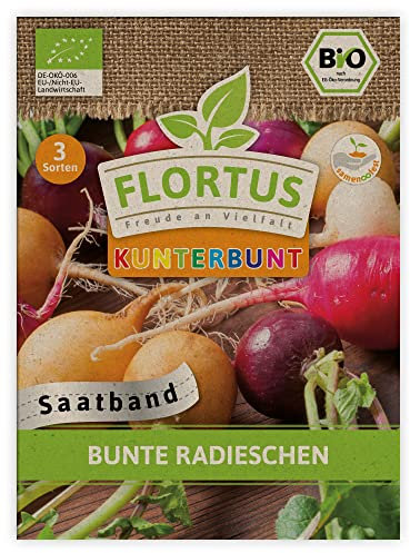 FLORTUS Bunte Radieschen Saatband | 3 BIO Saatbänder für Radieschen Anbau | Saatgutmischung für rot, weiß, rot-weiß, gelb und violett Radies