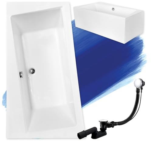 Baignoire d'angle BADLAND Infinity 150 x 90 cm, kit complet avec tablier en acrylique blanc, pieds et bonde automatique exclusive chromée, fabriqué en UE, 4 en 1