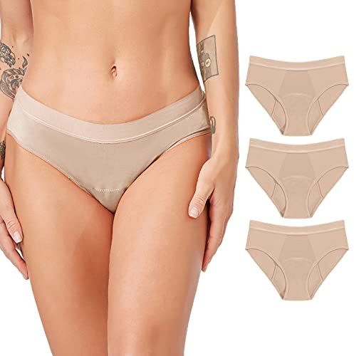 Jamron Mujer Pack de 3 Bragas Menstruales Flujo Abundante - Bragas Absorbentes Incontinencia Lavable - Ropa Interior para Regla Periodo Mentruación Beige + Beige + Beige S