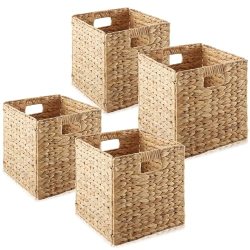 Casafield 10.5 x 10.5 Water Hyacinth Storage Baskets, Natural - Set of 4 Collapsible Cube Organizers, Woven Bins for Bathroom, Bedroom, Laundry, Pantry, Shelves