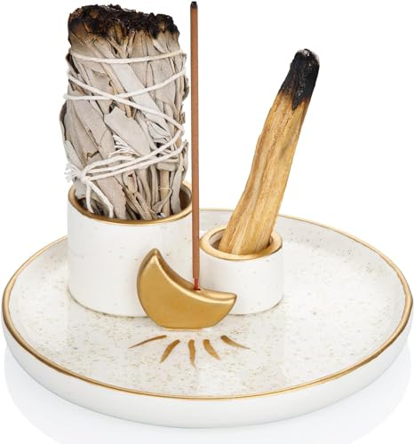 4-i-1-rökelseskål för alla rökelser, Palo Santo, vit salvia, hållare för rökelsepinnar och ljus, keramisk askfångare, bricka för meditationsrum, yoga (guld)