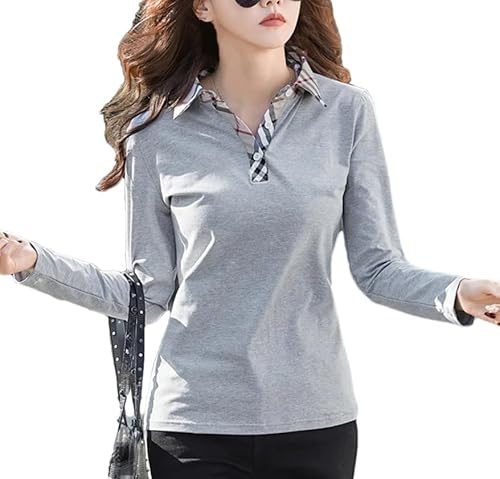 REHJJDFD Maglietta sottile a maniche lunghe da donna, pullover in cotone con collo a polo a righe