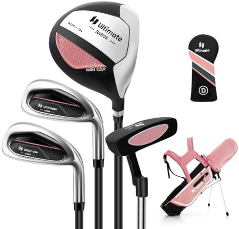 Set di Mazze da Golf per Bambini 8-10 Anni, Set Completo da Golf Junior con Driver #1, Ferri #7#S e Putter, Grande Borsa da Golf Autoportante(Rosa)