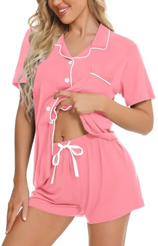SWOMOG Womens Button Down Pyjamas Set Short Sleeve Sleepwear Bride Soft Pj Lounge Sets Peach Pink