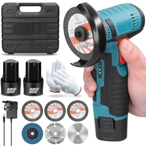 panthem Mini amoladora con 2 baterías de 2 Ah, 6 discos de corte y 1 muela abrasiva, Ø 76 mm, 19500 RPM, 12 V, mini amoladora angular inalámbrica para cortar, pulir, amolar y desoxidar