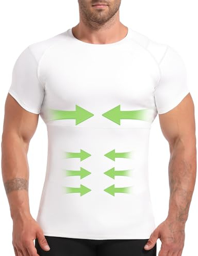 Lgtfy 4D Mens Compression Shirt Short Sleeve, Slimming Body Shaper Vest, Gynecomastia Tummy Control Back Support Undershirt, Workout Tank Top White
