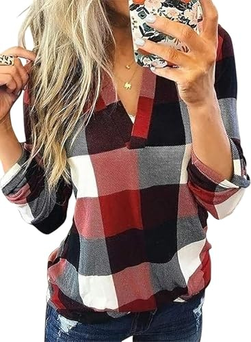 Cuptacc Camiseta de manga larga para mujer otoño a cuadros 2025 cuello en V básico manga larga camisa casual a cuadros mujer blusa, rojo, M