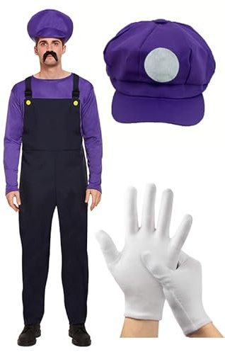 Herr Super Mario fin klänning outfit skurk rörmokare overaller videospel karaktär - kostym, hatt med logotyp och korta vita handskar (Waluigi-kostym, hatt och handskar (lila))