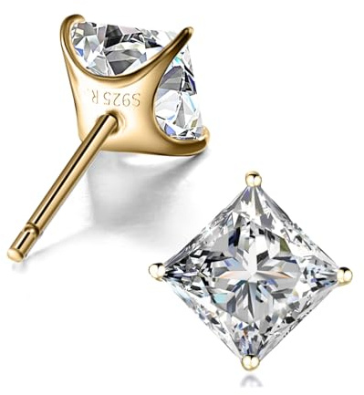 ”STUNNING FLAME “18K Gold Plated Sterling Silver Princess Cut Cubic Zirconia Stud Earrings for men women(5-Y)