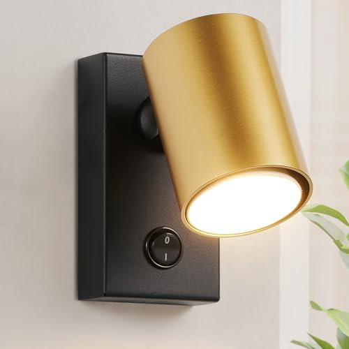 HARPER LIVING Adjustable Wall Spotlight with On/Off Switch, GU10 Rotatable Single Lamp - Matt Black & Gold Wall Light Indoor for UK Bedrooms, Hallways, Home, Offices (6x11cm)