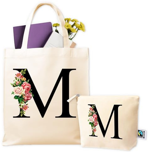 Tote Bag - Borsa Personalizzata - Borsa Tela con Iniziale + Beauty Coordinato, Lettere Personalizzate - Regalo Donna compleanno, Amica, Maestra, Compleanno, Anniversari, Regalo Donna Originale Utile