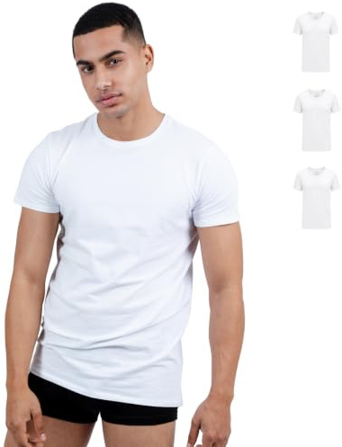 SKIPPER Men's Stretch Crew Neck T-Shirt 3 Pack – Slim Fit Cotton Base Layer & Everyday Basic Tee, White, S