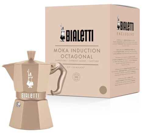 Bialetti Moka Exclusive Octagonal Induction 3 Tazas – Cafetera Espresso de Aluminio y Acero, Arena del Desierto – Compatible con Gas e Inducción