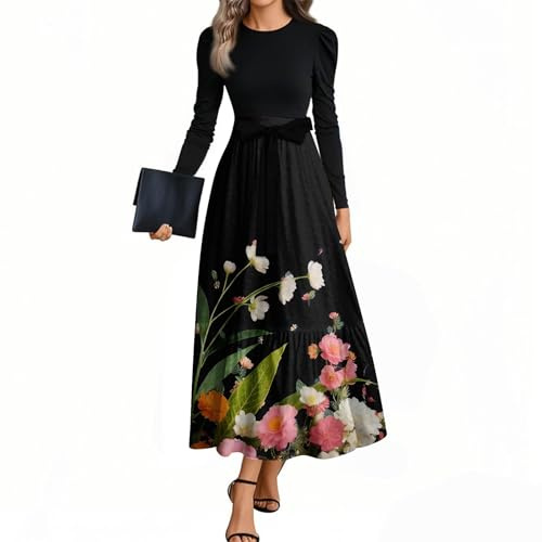 Long Sleeve Maxi Dress for Women Uk Crewneck Floral Print Tie Waist Casual A Line Work T Shirt Dresses 2025 Autumn Winter Outfits,Ladies Casual Dresses Puff Sleeve Dress Summer Midi Modest,u869k