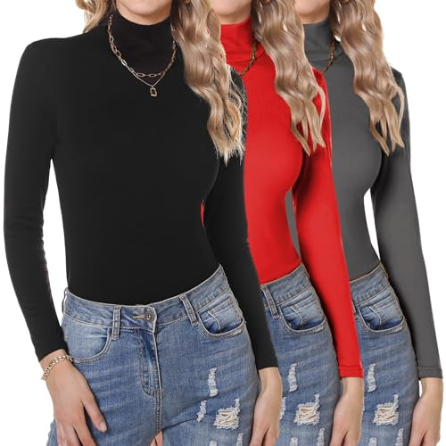 Aottori 3-pack långärmad skjorta för kvinnor, polotröja, set, toppar, polotröja, elegant undertröja, slim fit, baströja, långärmad termoundertröja, stretch, toppar, Svart + mörkgrå + röd, M