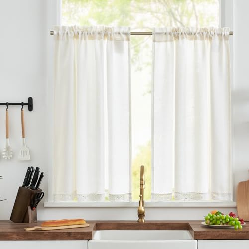 TOPICK Tenda da Cucina Corta Piccola Tenda, Bianco 90L x 115A (cm) 2 Pannelli con Passante per Asta, Misto con Pizzo, per Finestra Sotto Lavello, Armadio, Mobile Basso Copertura