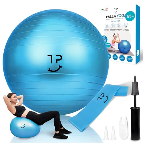 Tre Puri® Yoga, Palla Pilates – 65 CM Palla con Yoga Accessori Marchio ITALIANO – Utile per fare fitness a casa e addominali - OMAGGIO fascia elastica ed E-book (CONSIGLI PER TE) (BLU, CM. 65)