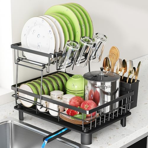 romision Two Tier Steel Dish Drainer Rack with Draining Board, Black | Automatic Drainage; Removable Cutlery Holder; Cup Rack; Rust-Resistant Finish; Efficient Plate, Bowl And Utensil Storage