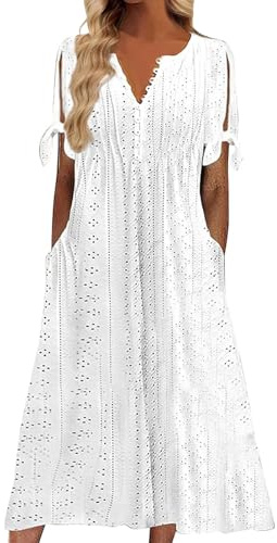 nnOuOnn Summer Maxi Dresses for Women UK 2026 Boho Casual Elegant Ladies Dress Fashion Floral V-Neck Button Short Sleeve with Pockets Sundress Beach Vacation Party Holiday (XXL, White)