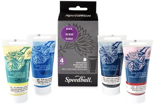 Speedball Block Printing Ink Set of 4 Colours, Black/Red/Blue/Yellow, 37cc, For Art & Craft, Printing, Printmaking, Artists, Beginner, Professional, Adults, Older Children Kids, Gift, Set