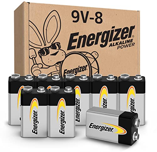 Energizer Alkaline Power 9 Volt Batteries (8 Pack), Long-Lasting Alkaline 9V Batteries