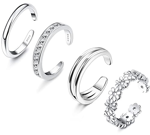 JeryWe 4 Pcs 925 Sterling Silver Toe Rings for Women Open Adjustable Band Rings Jewelry Set
