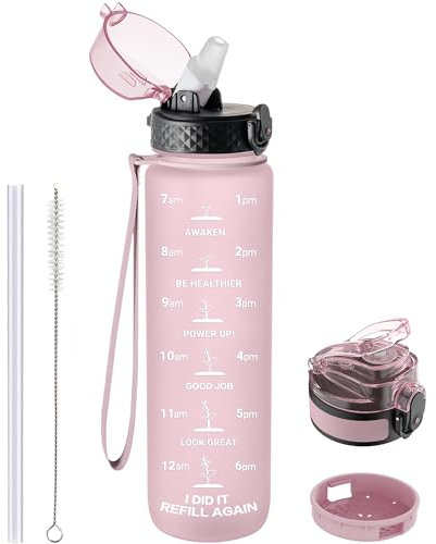 GOPPUS Trinkflasche, 1L BPA-Frei Tritan Wasserflasche mit Strohhalm, Trinkflasche Sport Auslaufsicher mit Zeitmarkierung und Bürste, Sportflasche für Fitness, Schule, Yoga, Outdoor(1 Flasche)