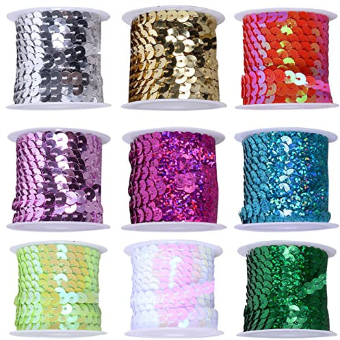 9 Rollen Pailletten Band 6mm Flache Glitzerband Borten, Pailletten Bänder, Paillettenborte PaillettenBand, PaillettenBand Kunsthandwerk, Paillettenrolle für Nähen, Schmuck Machen, Basteln, Dekorieren