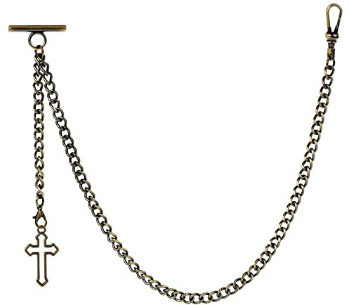 ZTA Albert Cadena de reloj de bolsillo Cadena de llavero para hombre, diseño de colgante de cruz con cierre giratorio de barra en T, Bronce