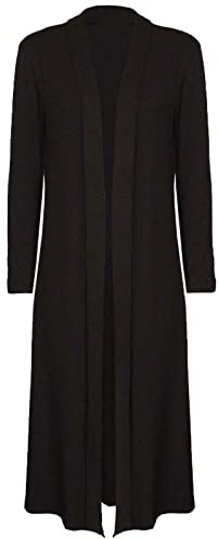 Tease Ladies Maxi Long Length Boyfriend Cardigan Collared Top Long Full Sleeve Floaty (Black, 16)