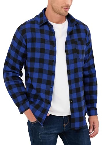 Yukiuiny Camicia Flanella a Quadri 100% Cotone per Uomo Maniche Lunghe - Blusa Casual con Chiusura a Bottoni(Blu Nero,3XL)