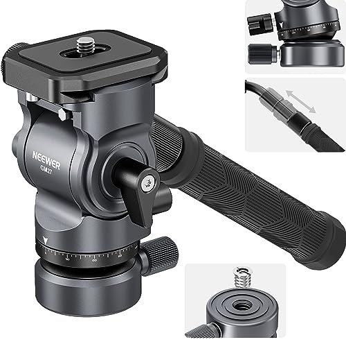 NEEWER Cabezal Fluido de Trípode con Base de Nivelación +/-10°(⌀37mm),Cabezal Pan Tilt de Metal con Placa QR Tipo Arca,Mango Telescópico para Cámara de Vídeo Compacta DSLR,Carga Máx. 4kg,GM27,Gris