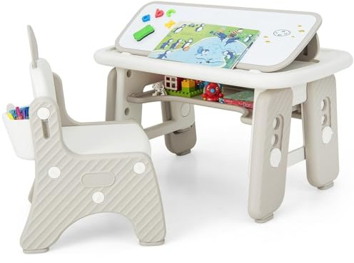 LIFEZEAL Tavolino e Sedia per Bambini 1-12 Anni, Plastica, con Accessori, Tavolo con Lavagna Magnetica, Porta Libri, Contenitore, Altezza Regolabile, Sedia Forma di Coniglio, Multiattivita, Cameretta