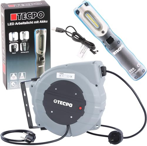TECPO Kabeltrommel Kabelaufroller Automatik 15m mit Wandhalterung + LED Handlampe