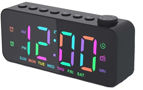 Radiosveglia digitale, radio da comodino con 8 colori, doppia sveglia, giorni della settimana/fine settimana, 4 livelli di luminosità e volume regolabile, snooze