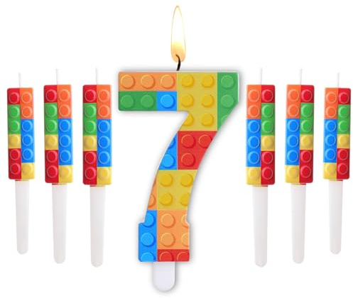 Herdear 7 Pezzi Candela Numero 1-9 di Compleanno a Blocchi di Costruzione con 6 Candele a Mattoncini di Costruzione Candeline Numeriche per Topper per Torta Decorazione e Feste (Numero 7)