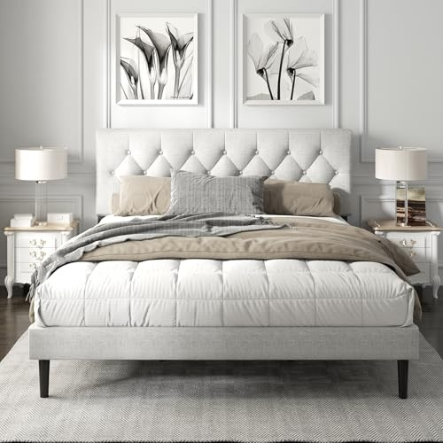 HAOARA King Size Platform Bed Frame with Upholstered Button Tufted Headboard, Mattress Foundation with Wooden Slat Support, Noise Free, No Box Spring Needed, Easy Assembly, Light Grey