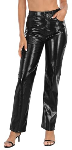 HDE Women's Shiny Metallic Faux Leather Pants High Waisted Straight Leg Trousers Black - 4
