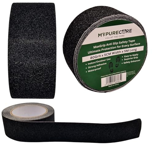 MYPURECORE Anti Slip Tape Black | 80 Grit, 5m x 5cm Grip Tape for Decking, Stairs, Outdoor Steps and Ramps | Durable Safety Tape for Anti Slip Stair Treads, Decking Strips, Indoor & Outdoor Use