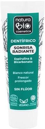 NaturaBIO Cosmetics, Pasta de Dientes Sin Flúor Sonrisa Radiante Dientes Blancos Sabor Menta, 75 ml, Pasta de Dientes Vegana con Certificación Cosmo Organic