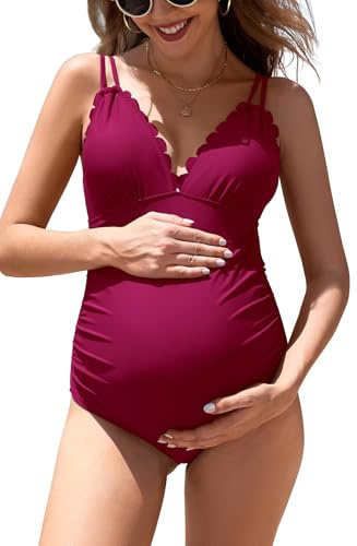 SHEKINI Maternity One Piece Swimwear Scalloped Swimsuit V Neck Ruched Pregnancy Bathing Suit Cutout Tie Back Wine Red