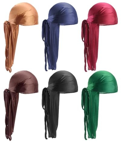 FUGLUS 6 piezas de seda para hombres Durag, paquete Durags Do Rags con cola larga y correas anchas para hombres y mujeres - 6 colores