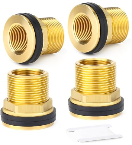 ERGAOBOY 4 Piezas de Conector de Tanque de Agua de pasamuros de latón, 3/4 BSP Macho - 1/2 BSP Hembra con 2 Anillos de Goma para barriles de Lluvia, acuarios, cubetas