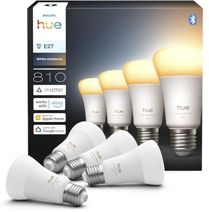 Philips Hue Smart LED A60 ljuskälla, White ambiance, E27-sockel, 6W, Fullspektrumljus 1000K-20000K, 810 lumen, Dimbar, Fungerar med Alexa, Google Assistant och Apple Home, 4-pack